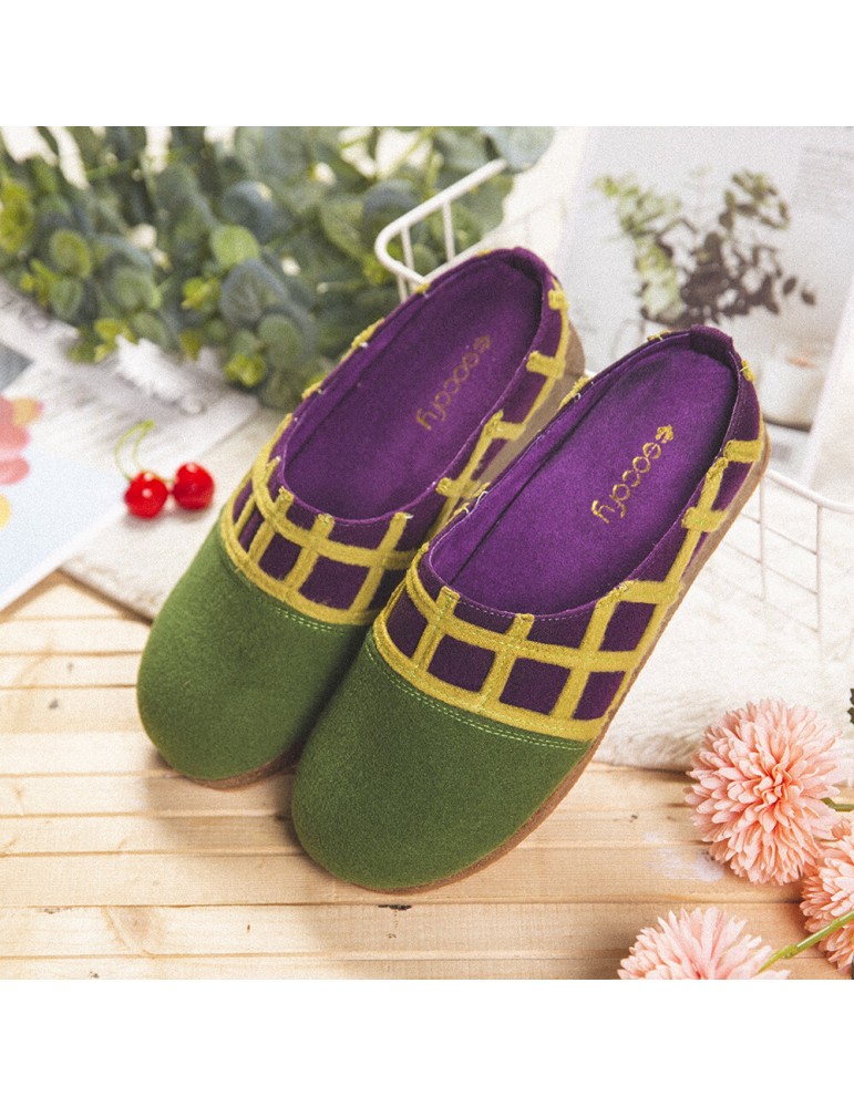 SOCOFY Natural Solid Color Round Toe Plaid Detail Edge Slip On Indoor Flat Home Shoes Slippers