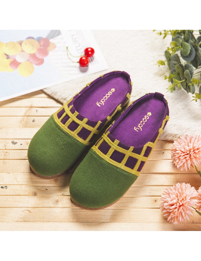 SOCOFY Natural Solid Color Round Toe Plaid Detail Edge Slip On Indoor Flat Home Shoes Slippers