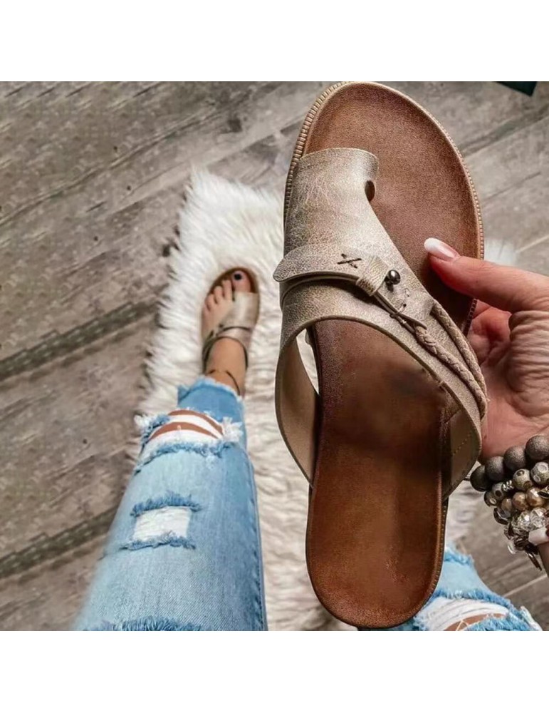Women Vintage Rivet Woven Laces Solid Clip Toe Flat Casual Slippers