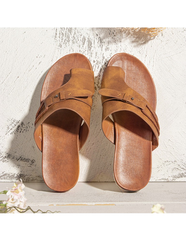 Women Vintage Rivet Woven Laces Solid Clip Toe Flat Casual Slippers