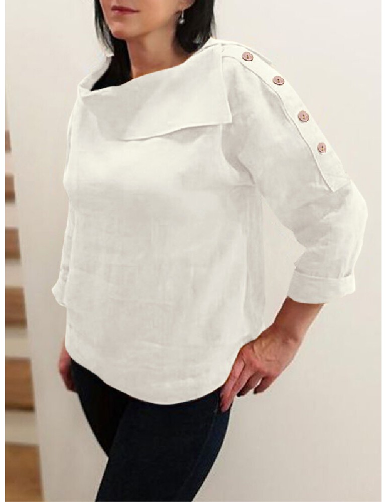 Cotton Solid Color Irregular Lapel Design Decorative Button European Casual Blouse