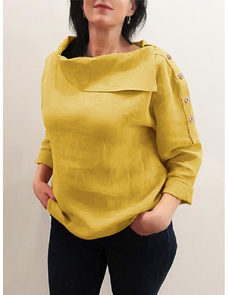 Cotton Solid Color Irregular Lapel Design Decorative Button European Casual Blouse