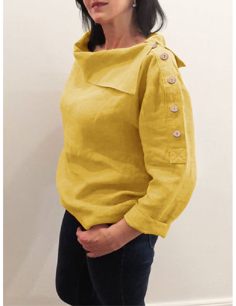Cotton Solid Color Irregular Lapel Design Decorative Button European Casual Blouse