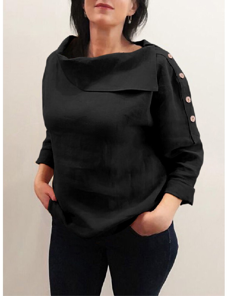 Cotton Solid Color Irregular Lapel Design Decorative Button European Casual Blouse