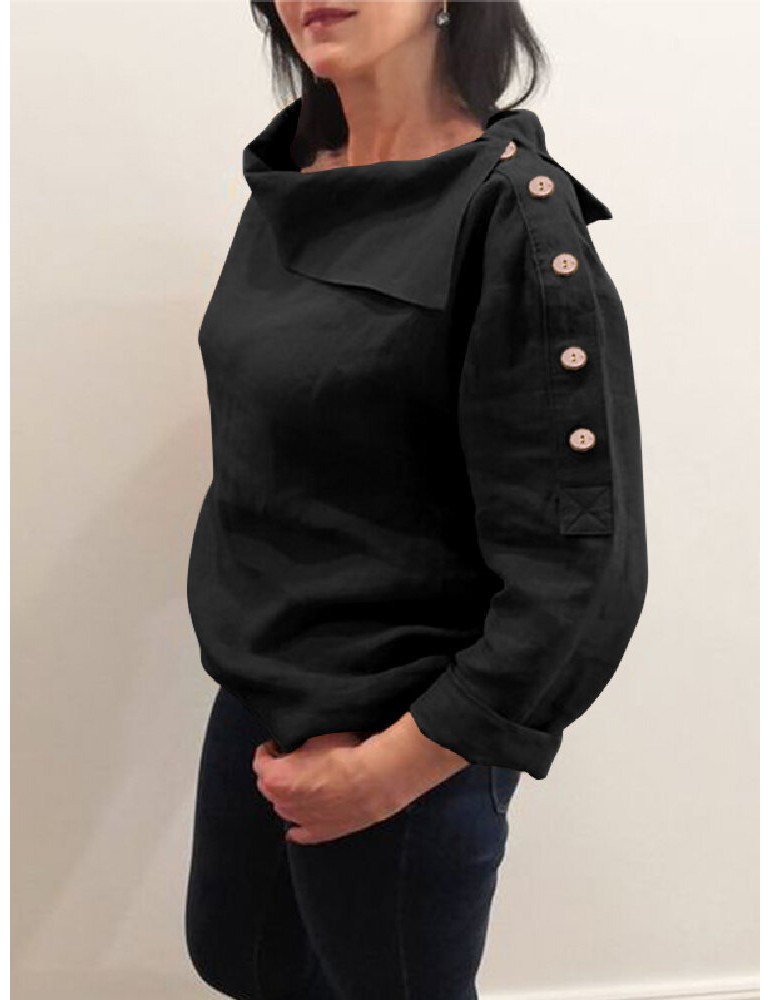 Cotton Solid Color Irregular Lapel Design Decorative Button European Casual Blouse