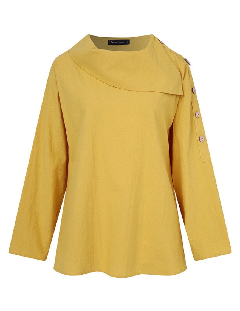 Cotton Solid Color Irregular Lapel Design Decorative Button European Casual Blouse