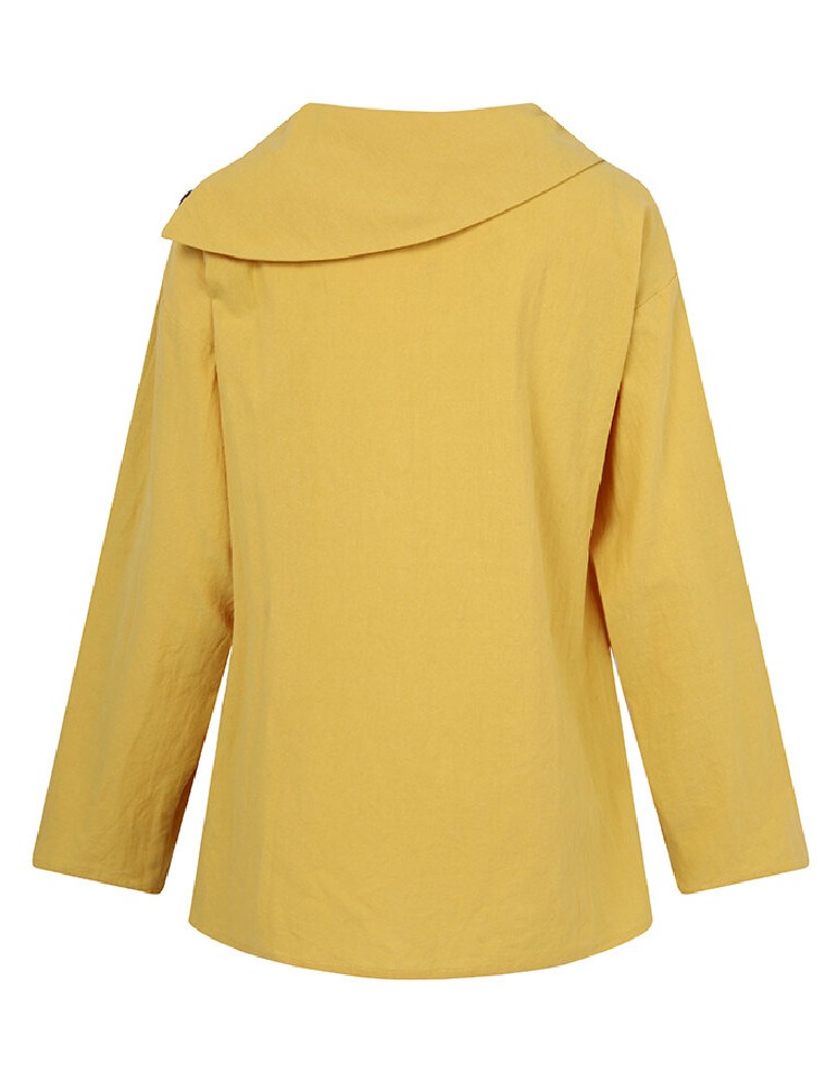 Cotton Solid Color Irregular Lapel Design Decorative Button European Casual Blouse