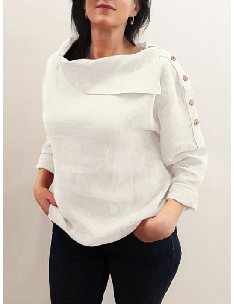 Cotton Solid Color Irregular Lapel Design Decorative Button European Casual Blouse