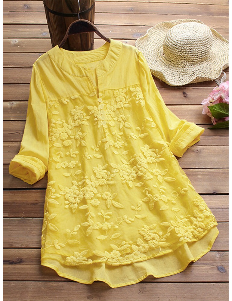 Floral Embroidery V-neck Long Sleeve Irregular Vintage Blouse