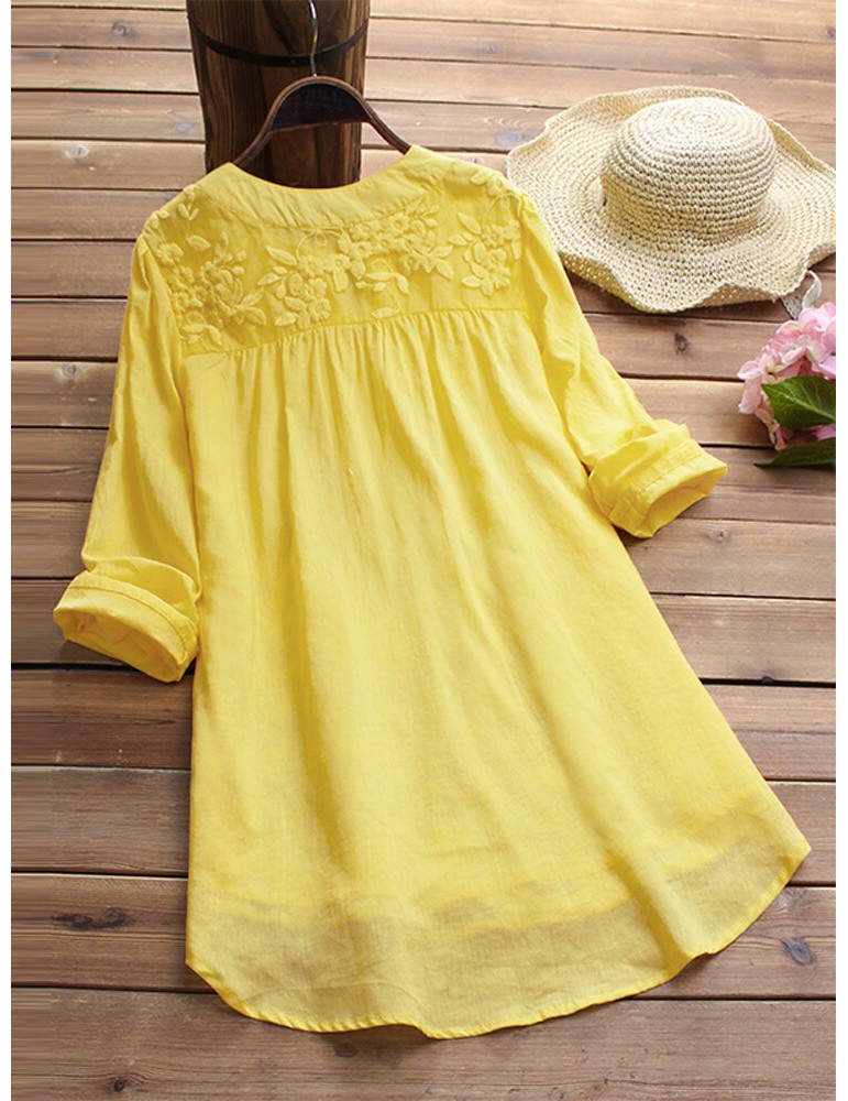 Floral Embroidery V-neck Long Sleeve Irregular Vintage Blouse