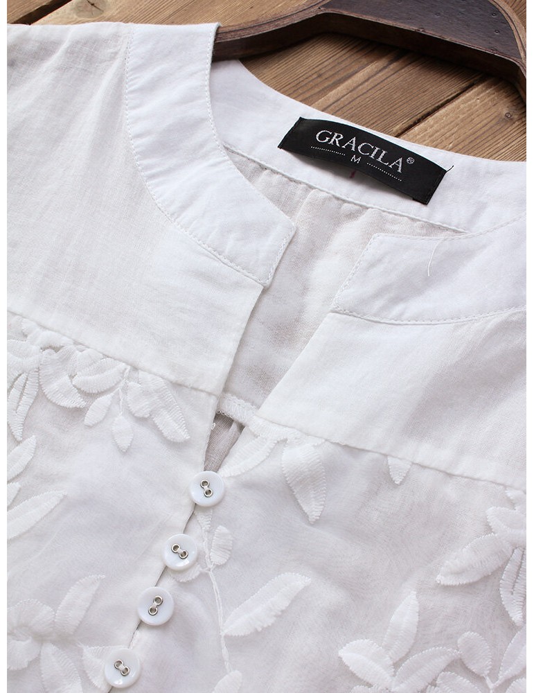 Floral Embroidery V-neck Long Sleeve Irregular Vintage Blouse