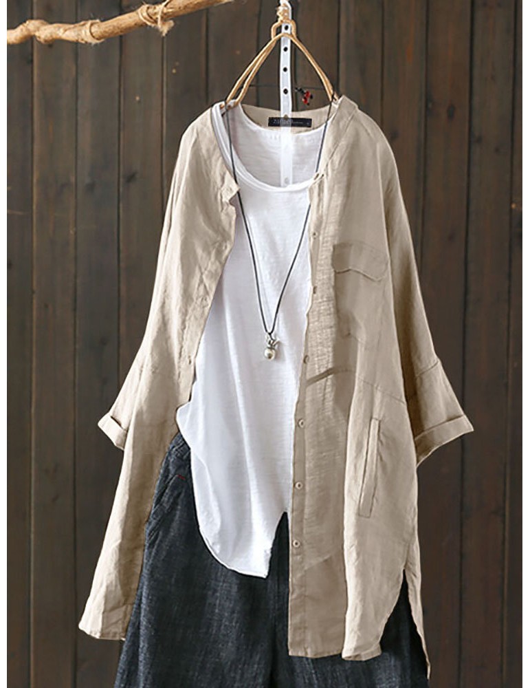S-5XL Women Long Sleeve Button Down Cotton Asymmetric Vintage Blouse