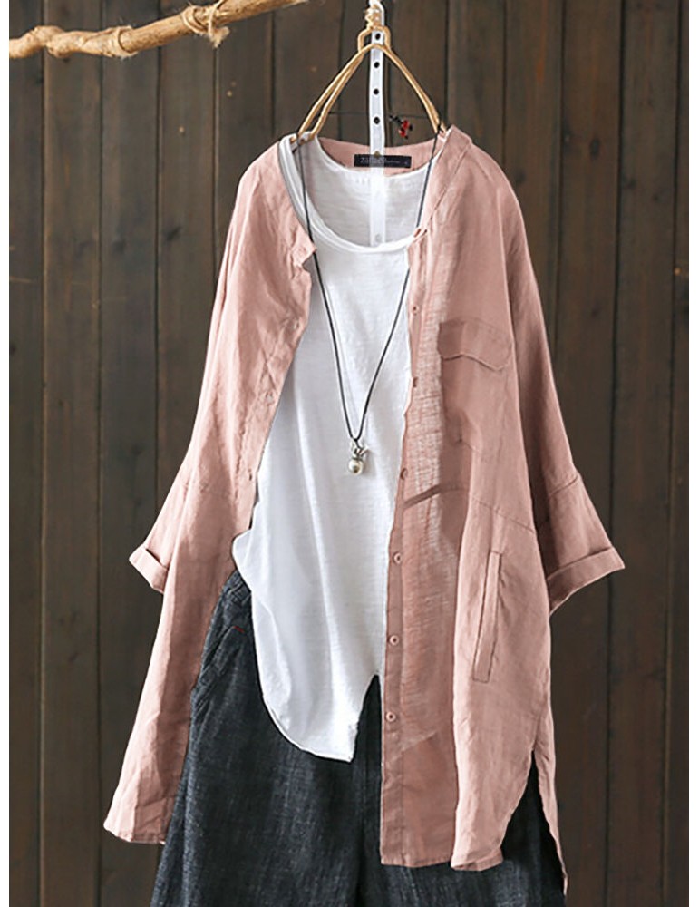 S-5XL Women Long Sleeve Button Down Cotton Asymmetric Vintage Blouse