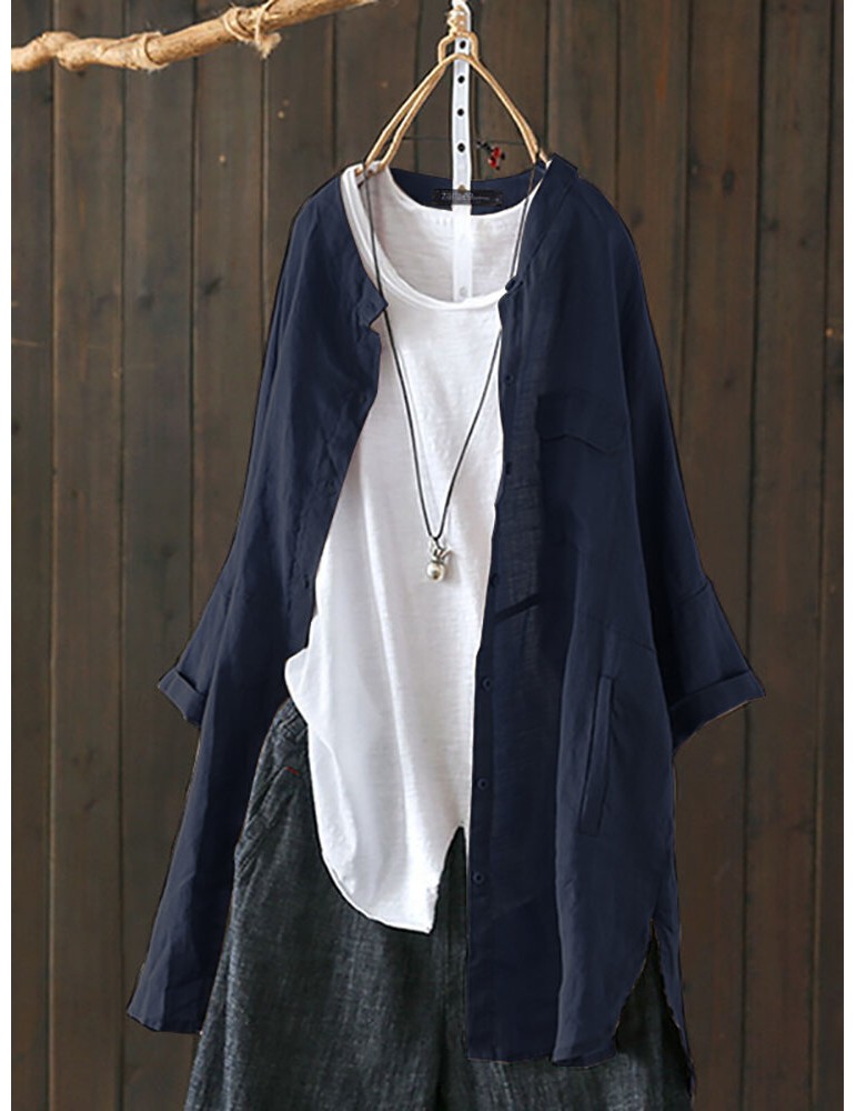 S-5XL Women Long Sleeve Button Down Cotton Asymmetric Vintage Blouse