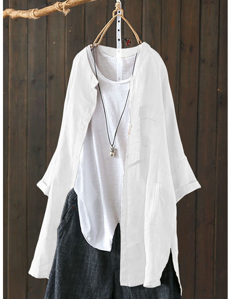 S-5XL Women Long Sleeve Button Down Cotton Asymmetric Vintage Blouse