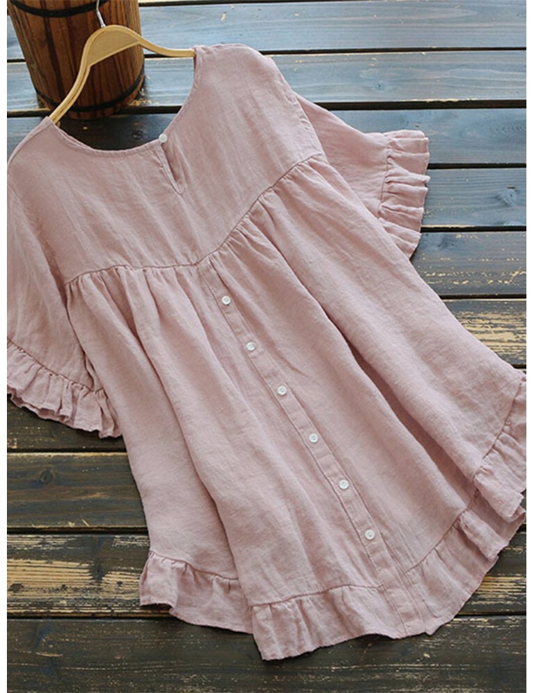 Solid Color O-neck Ruffle Sleeve Plain Casual Blouse For Women
