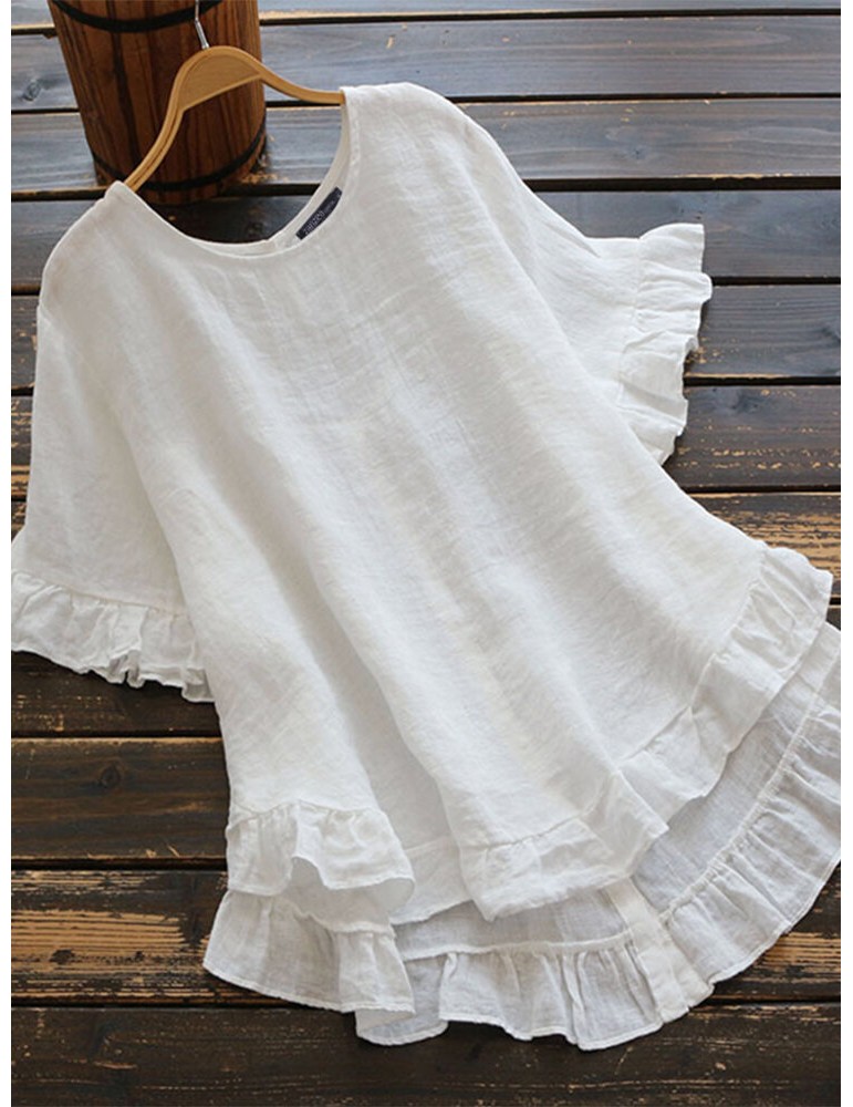 Solid Color O-neck Ruffle Sleeve Plain Casual Blouse For Women