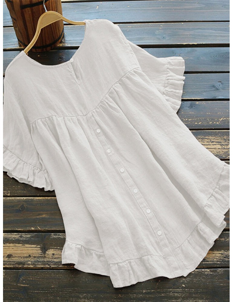 Solid Color O-neck Ruffle Sleeve Plain Casual Blouse For Women