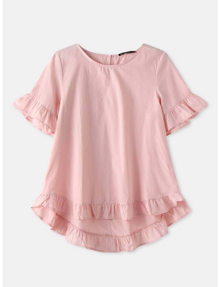 Solid Color O-neck Ruffle Sleeve Plain Casual Blouse For Women