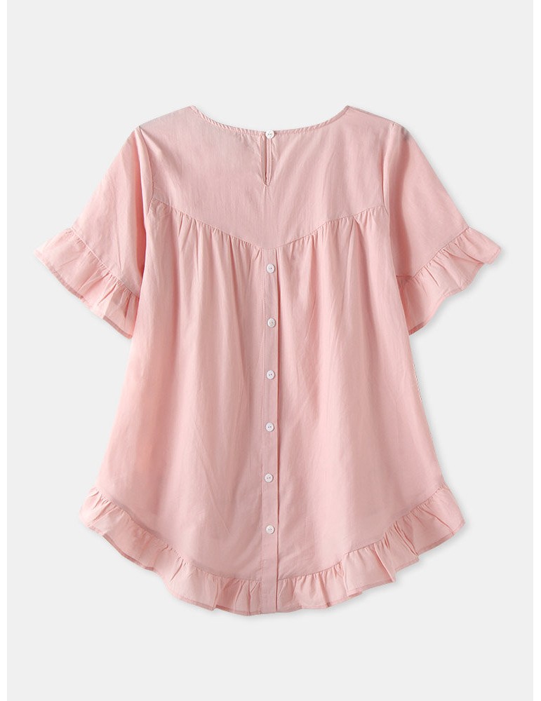 Solid Color O-neck Ruffle Sleeve Plain Casual Blouse For Women