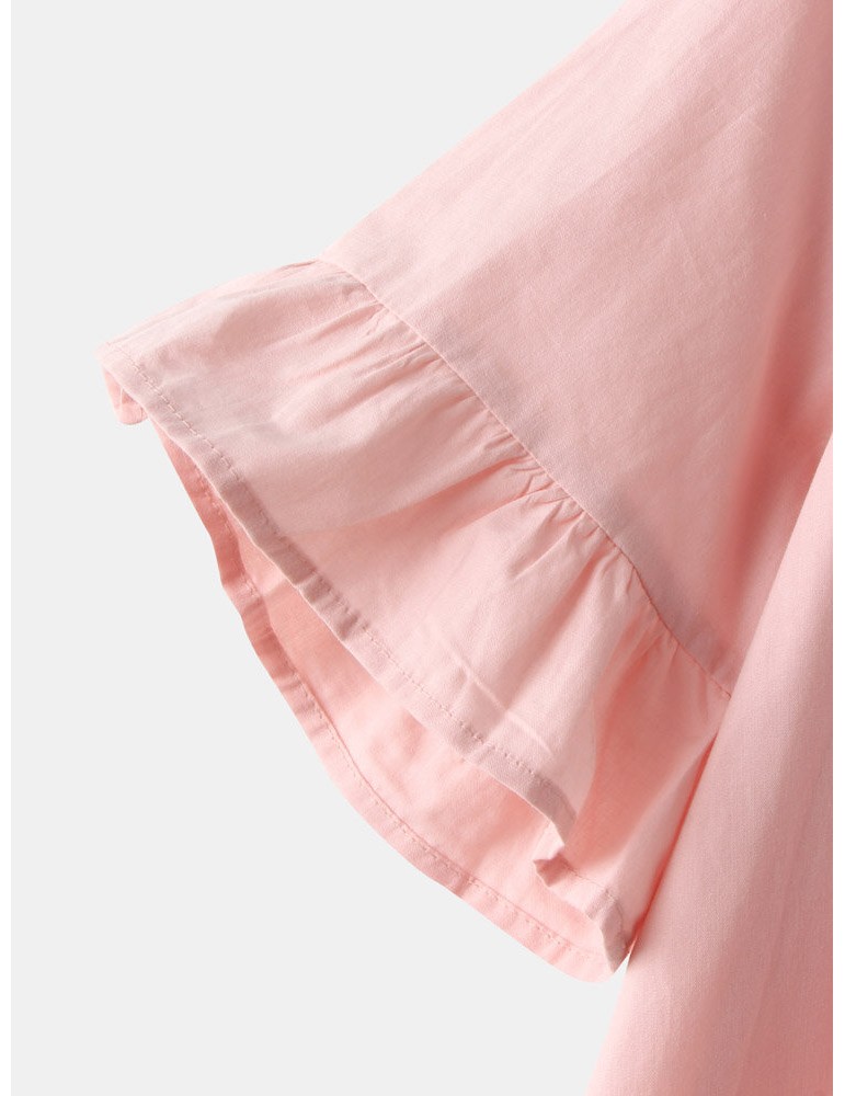 Solid Color O-neck Ruffle Sleeve Plain Casual Blouse For Women