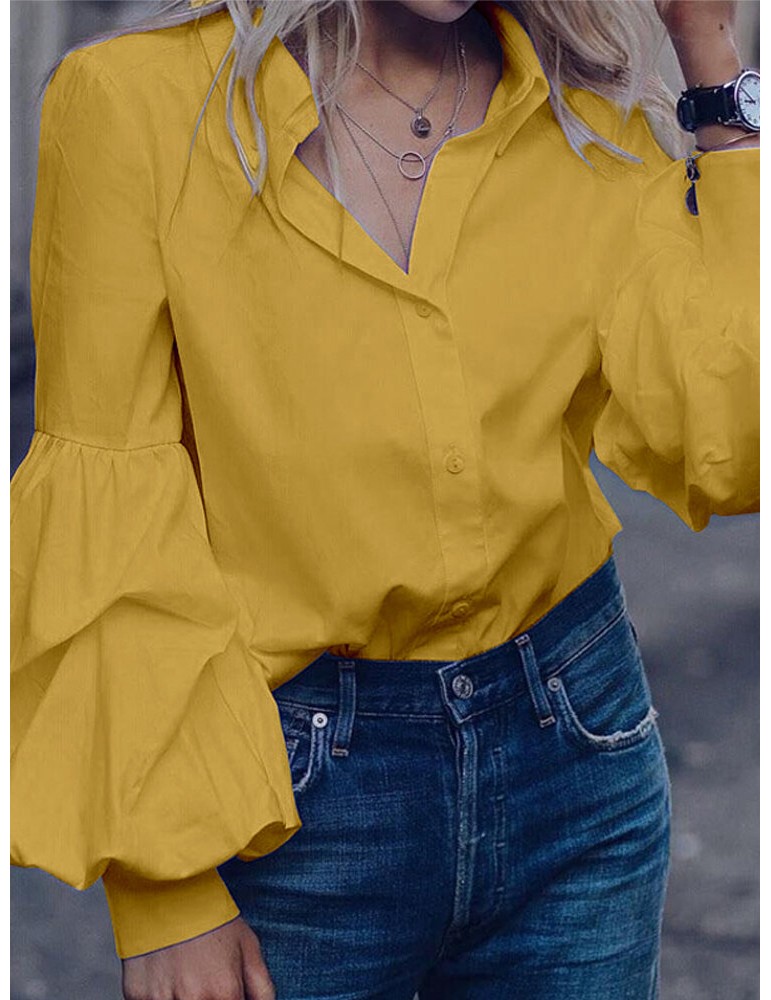 Solid Color Turn-down Collar Long Puffs Sleeve Blouse For Women