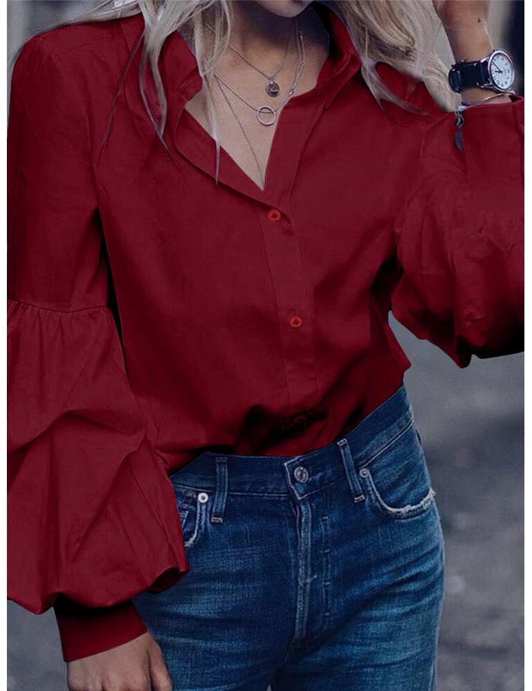 Solid Color Turn-down Collar Long Puffs Sleeve Blouse For Women