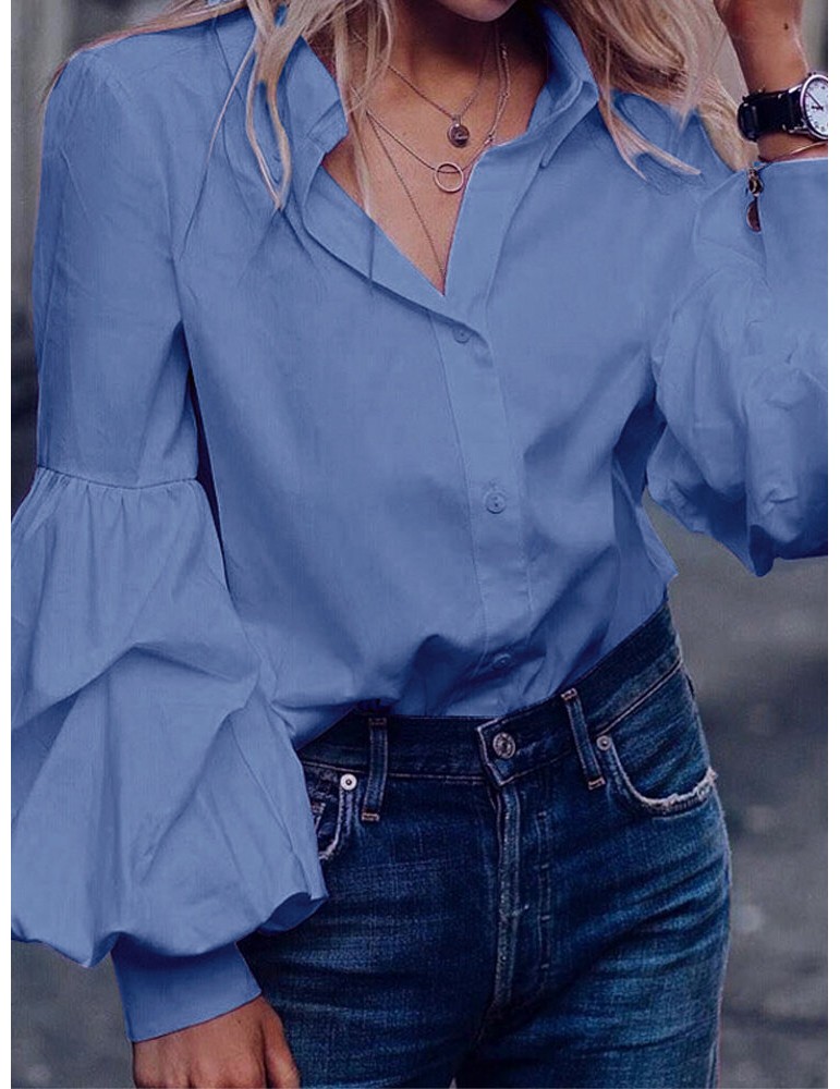 Solid Color Turn-down Collar Long Puffs Sleeve Blouse For Women