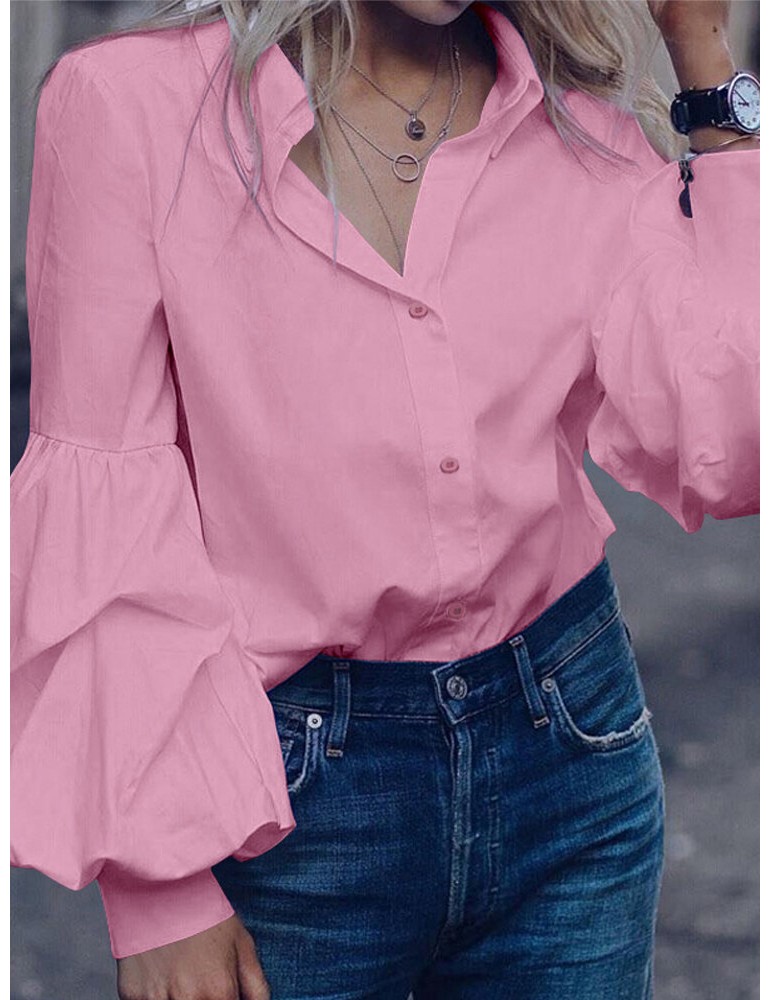 Solid Color Turn-down Collar Long Puffs Sleeve Blouse For Women
