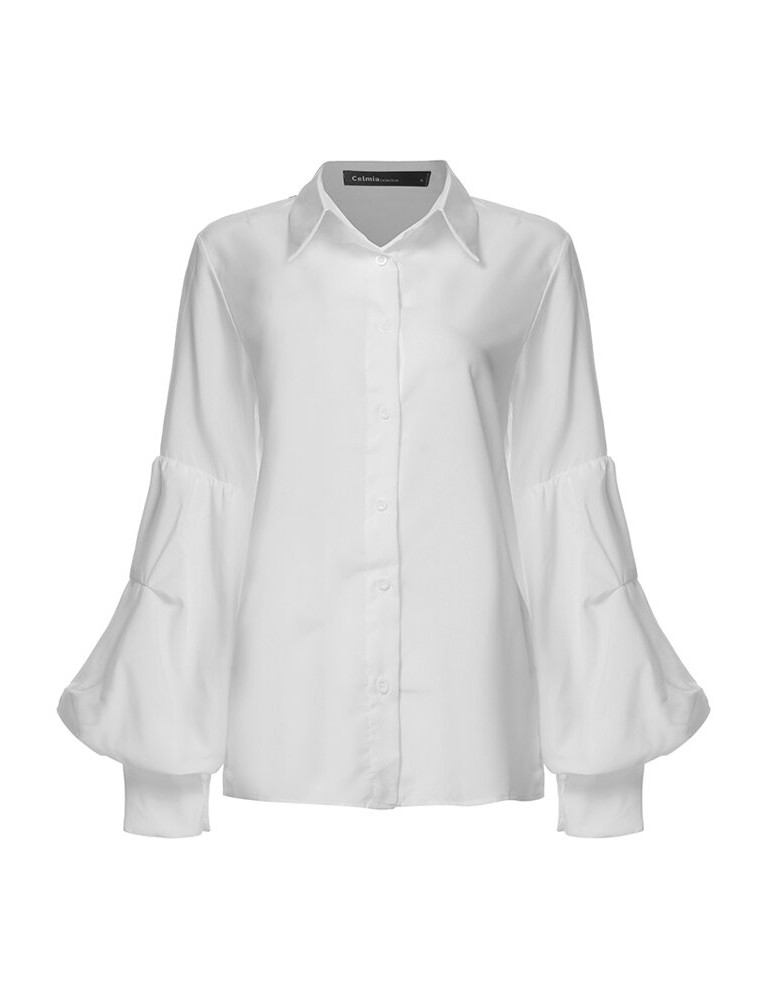 Solid Color Turn-down Collar Long Puffs Sleeve Blouse For Women