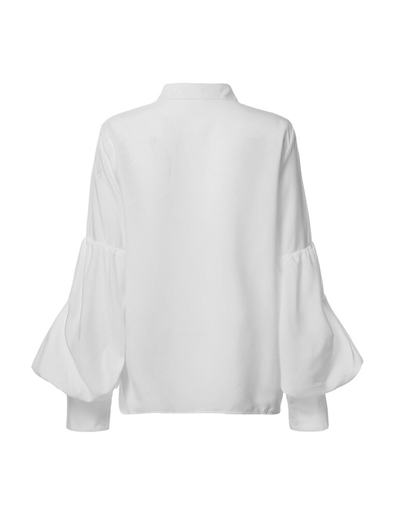 Solid Color Turn-down Collar Long Puffs Sleeve Blouse For Women