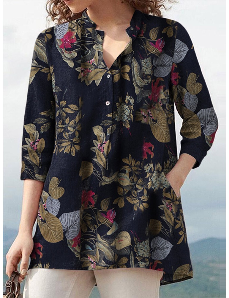 Women 100% Cotton V-Neck Floral Top Vintage Button Cuffs Three Quarter Sleeve Shirt