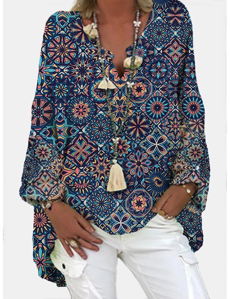 Women Vintage Geometric Printed V-Neck Loose Blouses