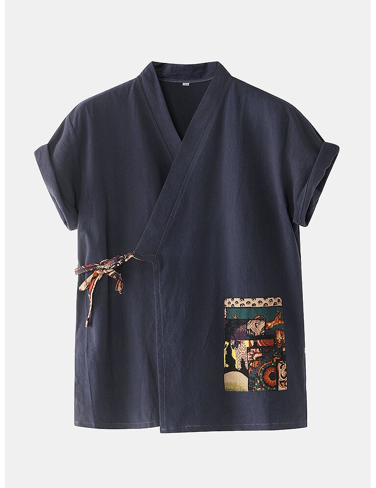 Mens Cotton Vintage Print V-Neck Tie Side Kimono Relaxed Fit Short Pajamas Sets