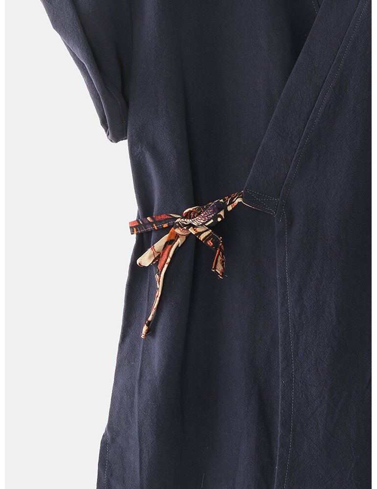 Mens Cotton Vintage Print V-Neck Tie Side Kimono Relaxed Fit Short Pajamas Sets