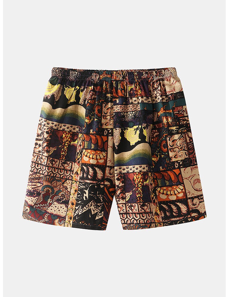 Mens Cotton Vintage Print V-Neck Tie Side Kimono Relaxed Fit Short Pajamas Sets