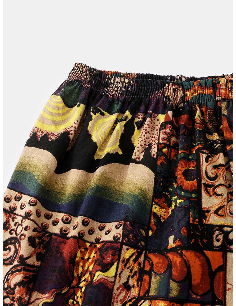 Mens Cotton Vintage Print V-Neck Tie Side Kimono Relaxed Fit Short Pajamas Sets