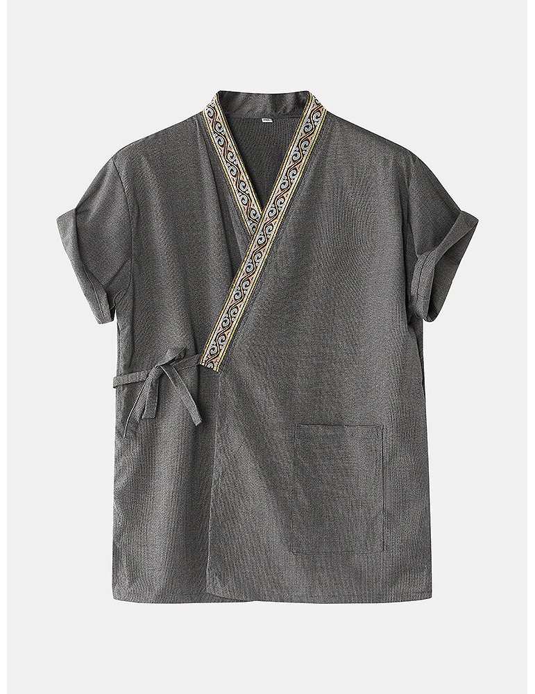 Mens Vintage Pattern V-Neck Tie Side Kimono Cotton Loose Short Loungewear Sets
