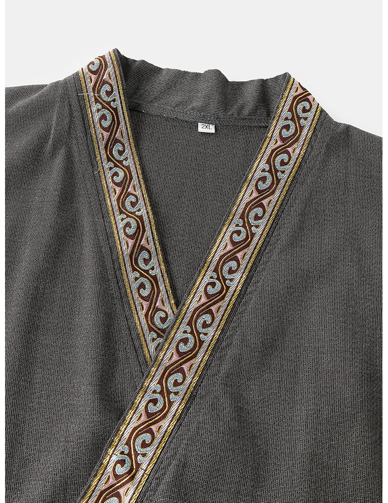 Mens Vintage Pattern V-Neck Tie Side Kimono Cotton Loose Short Loungewear Sets