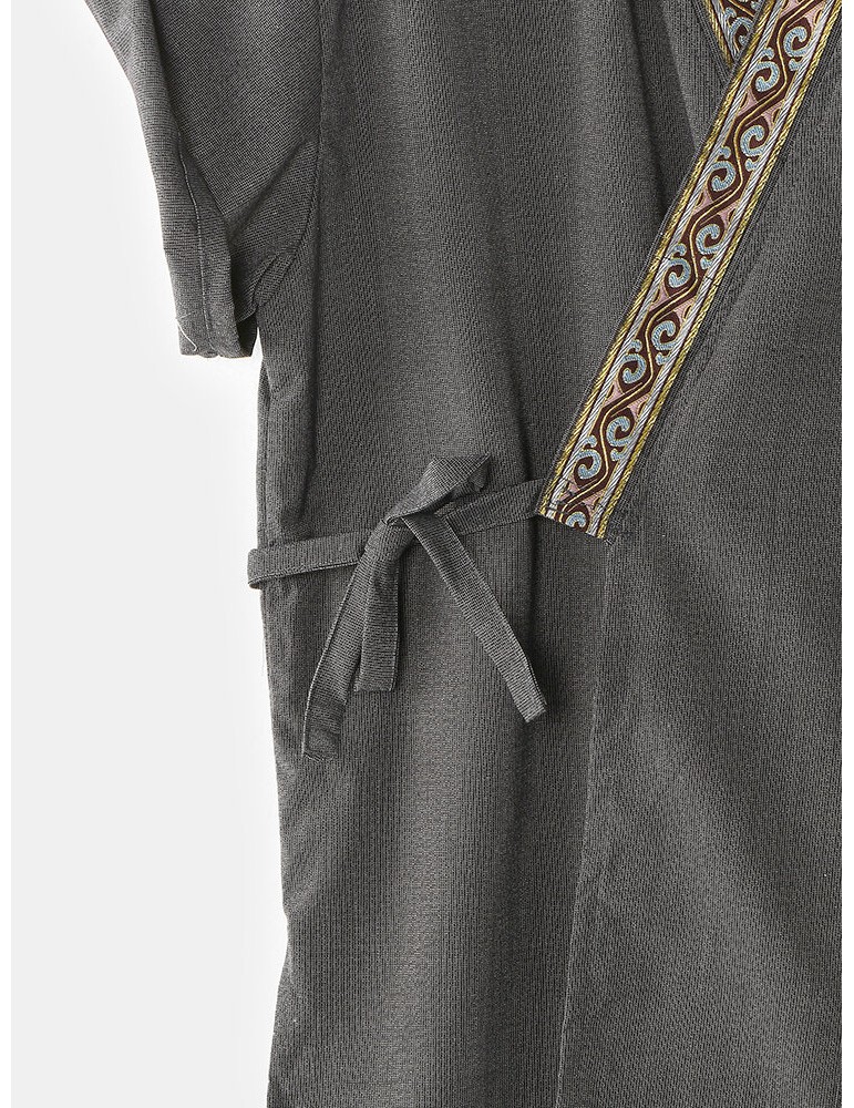 Mens Vintage Pattern V-Neck Tie Side Kimono Cotton Loose Short Loungewear Sets