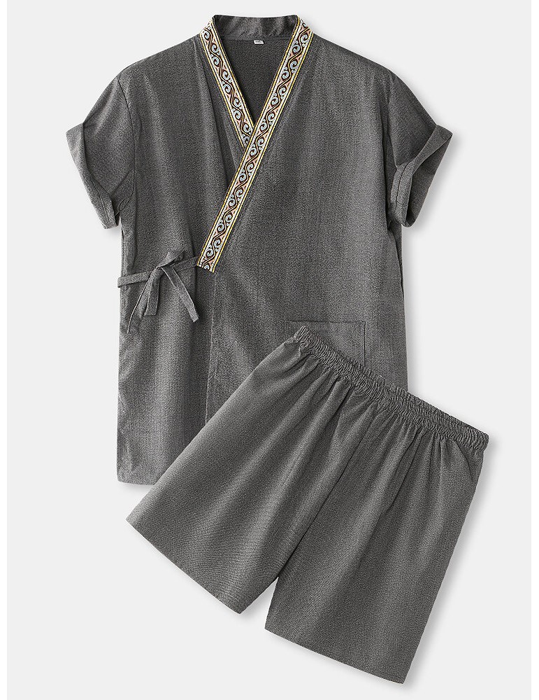 Mens Vintage Pattern V-Neck Tie Side Kimono Cotton Loose Short Loungewear Sets